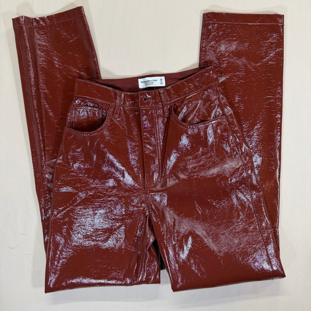 Abercrombie & Fitch Brown Patent High-Shine Vegan Leather 90's Straight Leg Pant
